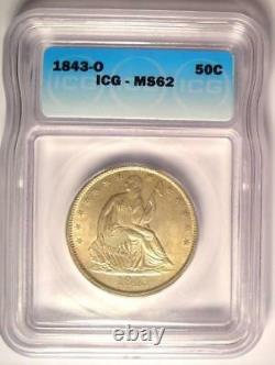 1843-O Seated Liberty Half Dollar 50C Coin Certified ICG MS62 $2,190 Value