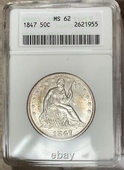 1847 Seated Liberty 50c ANACS MS62 PQ 1980's Holder Blazing Luster! Wow