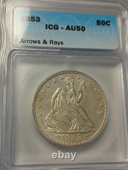 1853 50C US Seated Liberty Silver Half Dollar Coin ARROWS & RAYS Au50 Details