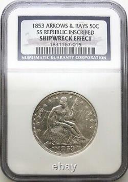 1853 ARROWS & RAYS Seated Liberty SS Republic Shipwreck INSCRIBED 50c NGC