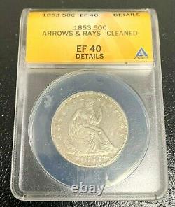 1853 Arrows & Rays Seated Liberty Half Dollar ANACS EF40 Details Cleaned 50c