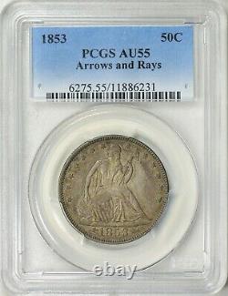 1853 Arrows and Rays, Seated Liberty Half Dollar, PCGS AU55, original 50C coin