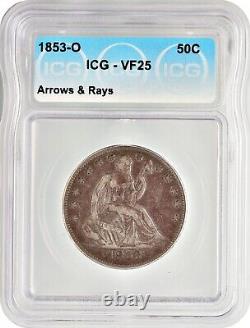 1853-O Arrows & Rays Seated Liberty Half Dollar 50C Very Fine ICG VF25