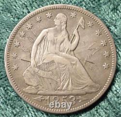 1853 Seated Liberty 90% Silver Half Dollar, BOLD LIBERTY damaged Love token name