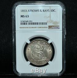 1853-p Seated Liberty Half Dollar Ngc Ms-63 50c Arrows & Rays L@@k Trusted