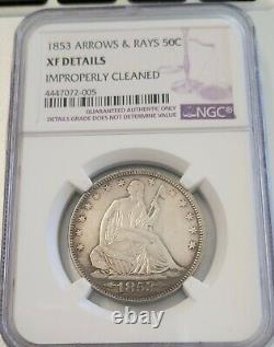 1853 seated liberty half dollar arrows rays ngc xf cleaned