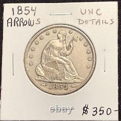 1854 with Arrows Seated Liberty Half Dollar Uncirculated Details Old Light Clean
