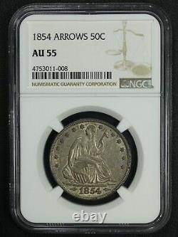 1854 with Arrows Seated Liberty Silver Half Dollar NGC AU 55