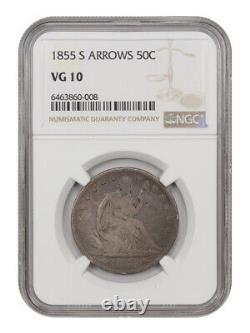 1855-S 50c NGC VG-10 (Arrows) Scarce Date Liberty Seated Half Dollar