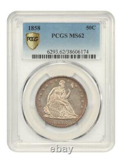 1858 50c PCGS MS62 Excellent Eye Appeal Liberty Seated Half Dollar