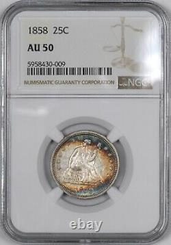 1858 Liberty Seated Silver Quarter 25C NGC AU50 Colorful Album Toning