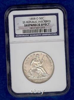 1858-O SS Republic Inscribed Seated Half Dollar NGC Shipwreck Effect Coin