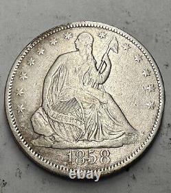 1858 SEATED LIBERTY HALF DOLLAR XF Hard to find in such good shape. Gradable