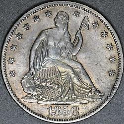 1858 Seated Liberty Half Dollar, a beautiful toned high grade half dollar