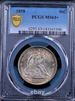 1858 Seated Liberty Half Pcgs Ms 63+ White Mint Bloom Accented By VIVID Rim Tone