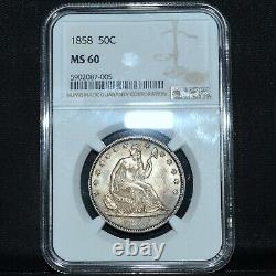 1858-p Seated Liberty Half Dollar Ngc Ms-60 50c Silver Unc L@@k Trusted