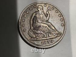 1859 Seated Liberty Half Dollar CHOICE XF/AU, nice mid 19th century coin