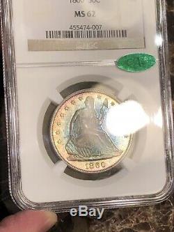1860 Seated Half Dollar NGC MS62 CAC! Monster Toned Rainbows! Best Ive Seen