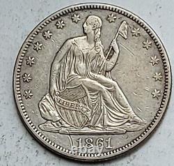 1861 No Motto Seated Silver Liberty Half Dollar About Uncirculated 50 Cent Coin