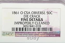 1861-O Liberty Seated Half Dollar CSA Obverse die crack NGC Fine Details