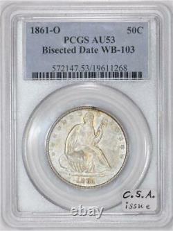 1861-O Seated Liberty Half Dollar PCGS AU-53 Bisected Date WB-103 C. S. A. Issue