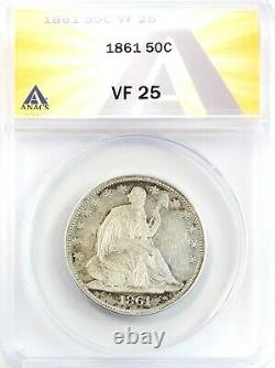 1861 Seated Liberty Half Dollar Silver 50C Circulated Very Fine ANACS VF25