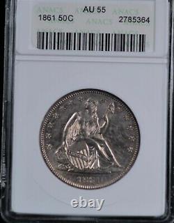 1861 Seated Liberty Half Small White Anacs Au 55 Shimmering White Gold Overlay