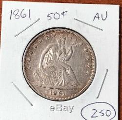 1861 Seated Liberty Silver Silver Half Dollar Coin 50c AU About Uncirculated
