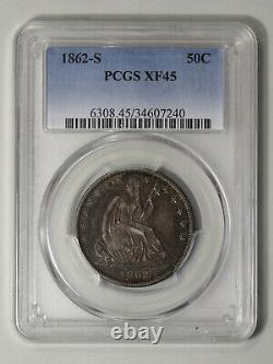 1862-S Seated Liberty Half Dollar PCGS XF-45 Colorful Toning