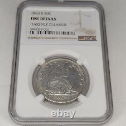 1863 S Seated Liberty Silver 1/2 Dollar NGC Grade Fine AU Details holder Vintage