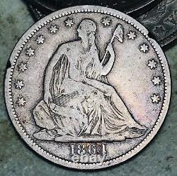 1864 S Seated Liberty Half Dollar 50C Civil War Date 90% Silver US Coin CC16404