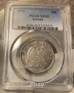 1874 Arrows Seated Liberty 50c PCGS XF45 Great Coin! Very Tough Date