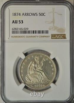 1874 Seated half dollar, Arrows, NGC AU53. Type Coin Company