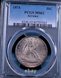 1874 W / Arrows Seated Liberty Half Pcgs Ms 62 Great Luster, Strike, & Surfaces