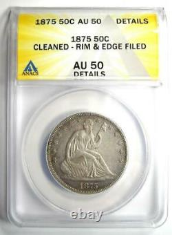 1875 Seated Liberty Half Dollar 50C Certified ANACS AU50 Details Rare Coin