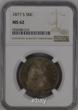 1877 S Liberty Seated Silver Half Dollar 50c Ngc Ms62 Uncirculate Rare Toned