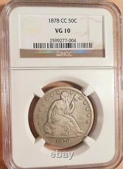 1878-CC Liberty Seated Half Dollar NGC graded VG10, Very Very Scarce Date