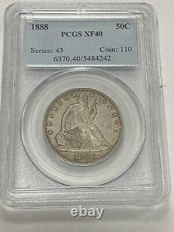 1888 Seated Liberty Silver Half Dollar 50c. Graded PCGS XF40, Nice White Coin