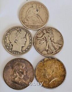 Lot Of 5 U. S Half Dollars! 1858-1964. Seated Liberty, Barber And More