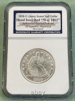 Ss Republic 1858-o Liberty Seated Half Dollar Ngc Hand Inscribed War 1861