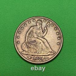 (1) Belle pièce de monnaie ancienne de 1874 Seated Liberty Half Dollar XF EXTRA FINE