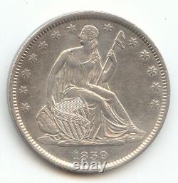 1839 Demi-dollar Liberty assis, avec draperie, blanc brillant AU-Unc