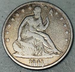 1841 Demi-dollar assis Liberty 50C non classé 90% Argent Pièce de monnaie US CC19910