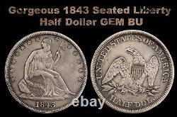 1843 Demi-dollar assis de liberté 50c GEM BU Erreur de frappe de la Monnaie avec des Sœurs Gratuites