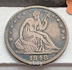 1848 Seated Liberty 50c Très Rare Key Date Basse Mintage Original F/vf