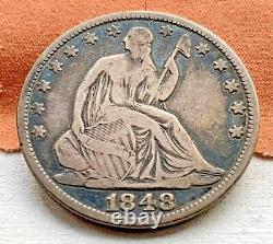 1848 Seated Liberty 50c Très Rare Key Date Basse Mintage Original F/vf