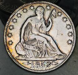 1853 Demi-dollar assis Liberty 50C FLÈCHES RAYS 90% Argent US Coin CC19846
