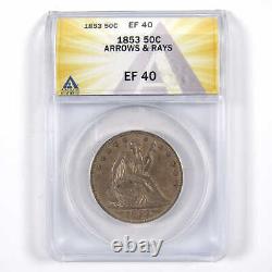 1853 Flèches et Rayons Seated Liberty 50c EF 40 ANACS Argent SKUI7715