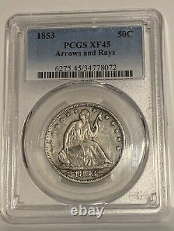 1853 Seated Liberty Demi-dollar Pcgs Xf-45 Flèches Et Rayons