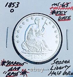 1853-o Brillante Date Clé Non Circulée! U.s. Seated Liberty Demi-dollar. E4